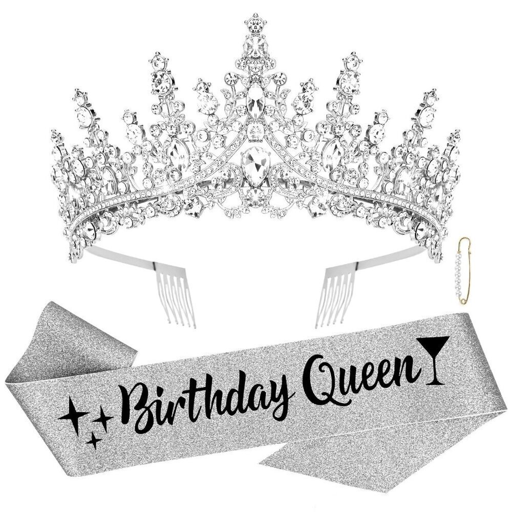 Silver Crystal Princess Crown and Glitzy Birthday Queen Sash Party Set